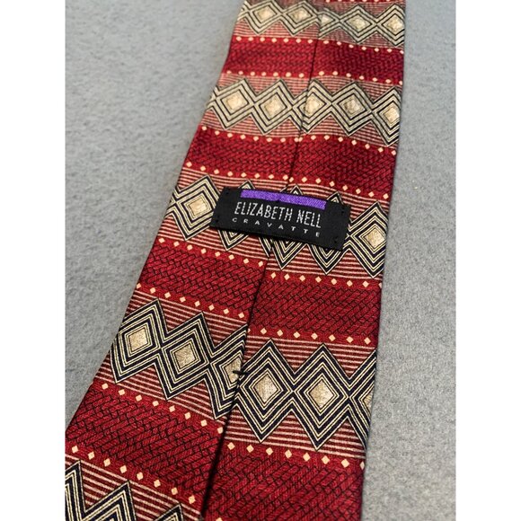 Elizabeth Neill Cravatte Mens Red Geometric Diamond Pattern Tie Silk Made in USA - Picture 3 of 5